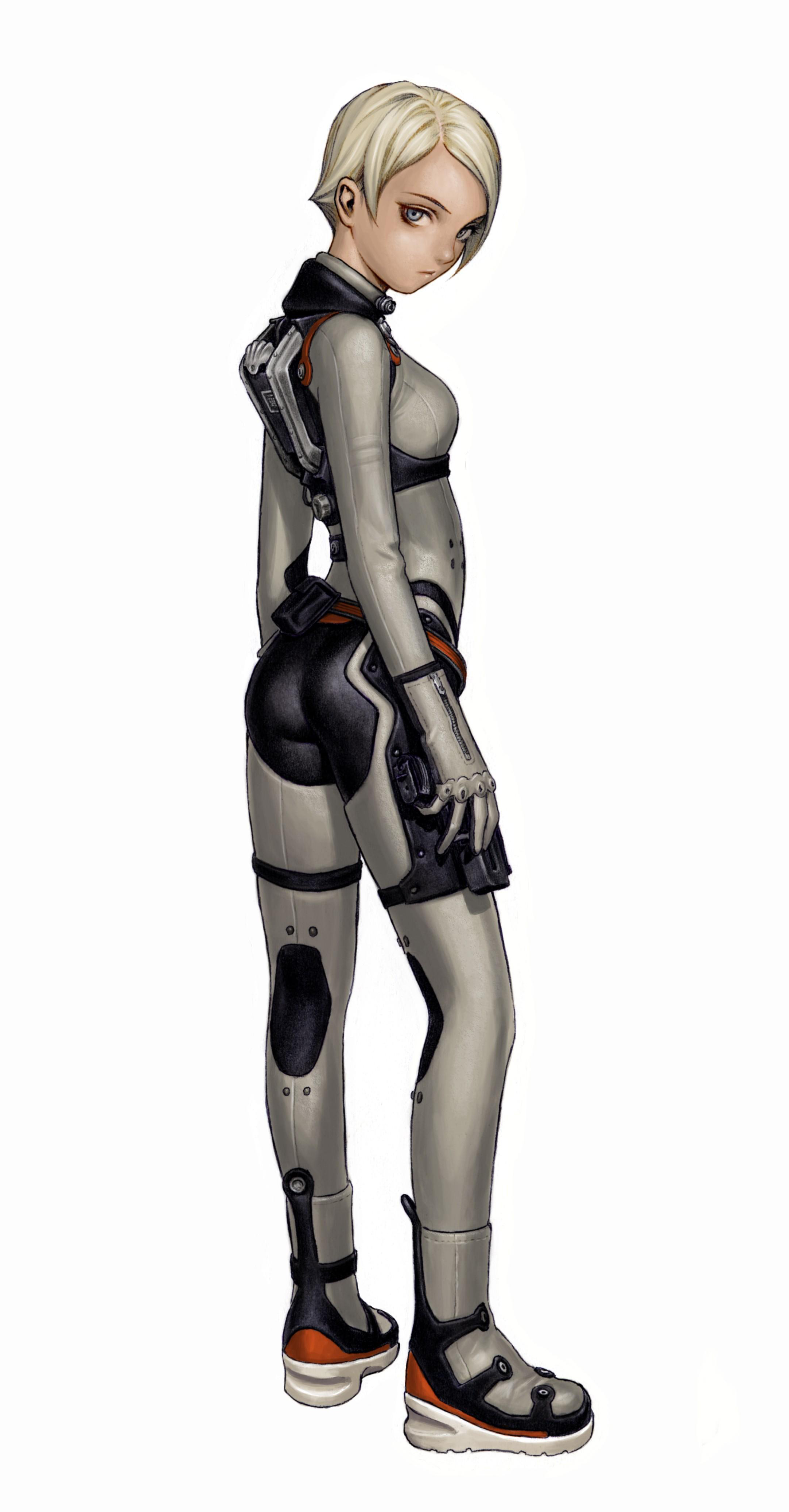 murata range, sheila crawford, access games, spy fiction, absurdres, highres, 1girl, ass, blonde hair, blue eyes, bodysuit, boots, female focus, full body, gloves, gun, solo, weapon, zipper