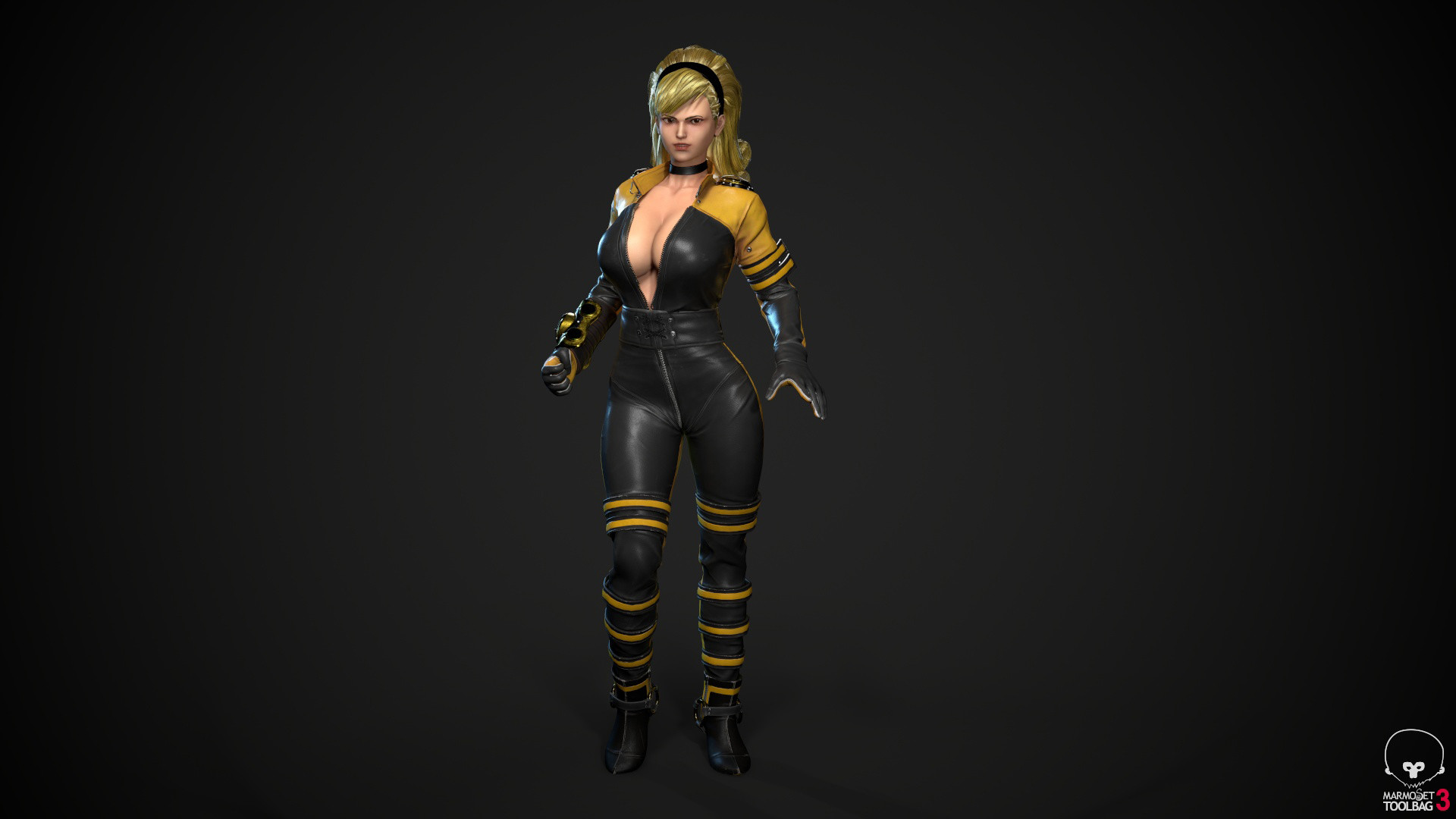 lien neville, kof: maximum impact, the king of fighters, highres, 1girl, blonde hair, bodysuit, breasts, brown eyes, curly hair, curvy, eu jin, female focus, gloves, hairband, huge breasts, large breasts, latex, leather, long hair, skin tight, standing, thick thighs, thighs, tight clothes, wide hips, xaiarts, xaiartz