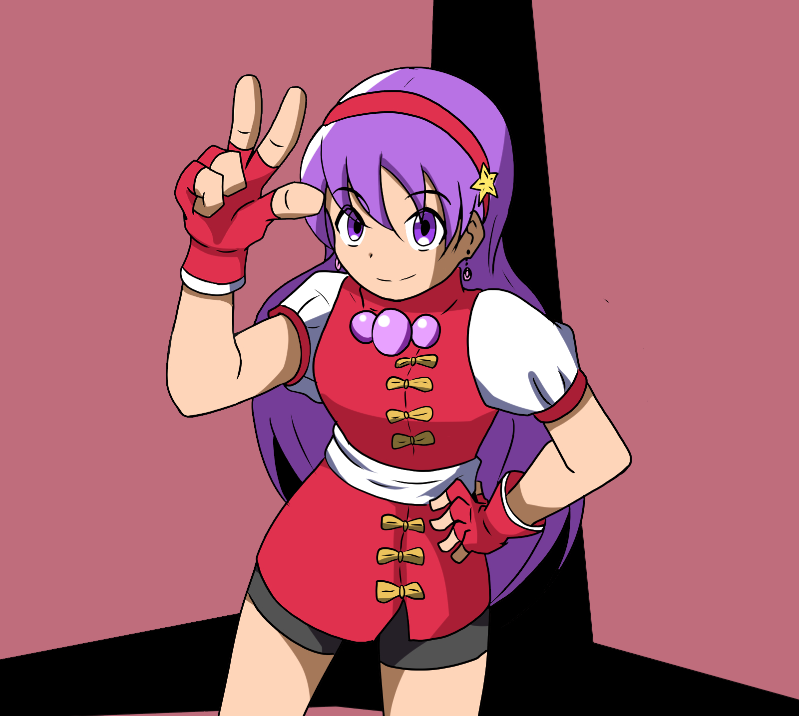 asamiya athena, the king of fighters, highres, 1girl, climbhq, dress, earrings, gloves, hairband, hand on own hip, hand up, jewelry, long hair, looking at viewer, purple eyes, purple hair, smile, star (symbol), thighs