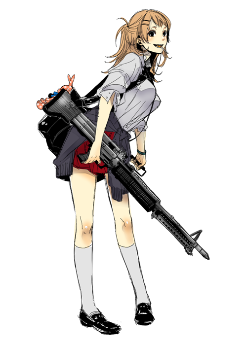 todoroki sora, original, bad id, bad pixiv id, 1girl, bag, blonde hair, clothes around waist, female focus, gun, legs, m60 (machine gun), machine gun, sleeves pushed up, socks, solo, stuffed animal, stuffed toy, sweater, sweater around waist, weapon