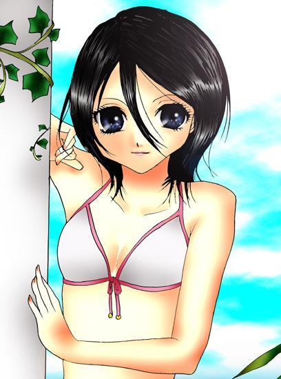 kuchiki rukia, bleach, 00s, bikini, bikini top only, black hair, blue eyes, sky, solo, swimsuit