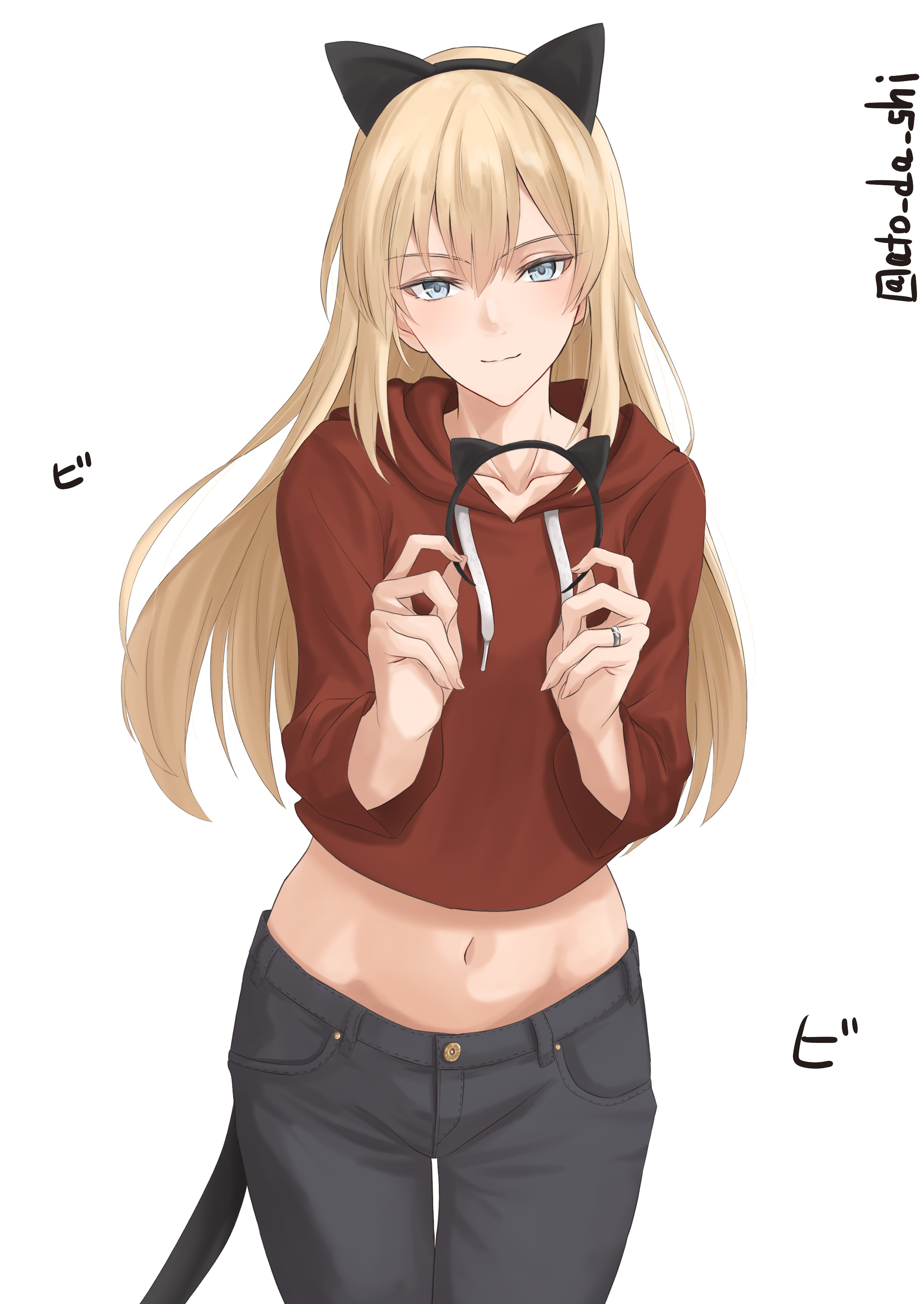 atodashi, bismarck (kancolle), kantai collection, absurdres, highres, 1girl, alternate costume, animal ear hairband, animal ears, black pants, blonde hair, blue eyes, cat ear hairband, cat ears, cat tail, fake animal ears, fake tail, hairband, holding hairband, hood, hood down, hoodie, looking at viewer, midriff, navel, pants, red hoodie, solo, tail, vest