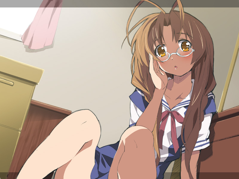 okiura, furukawa sanae, clannad, 1girl, :o, antenna hair, braid, brown eyes, brown hair, cosplay, dutch angle, female focus, glasses, long hair, school uniform, solo, twin braids