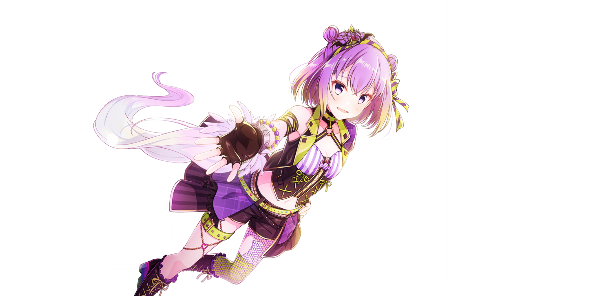 lapis re:lights, game cg, highres, official art, third-party source, 1girl, armband, armpits, bat ornament, belt, black armband, black boots, black gloves, black jacket, black shorts, blonde hair, blush, boots, breasts, cleavage, collarbone, dot nose, double bun, dutch angle, fingerless gloves, fishnets, gloves, gradient hair, green belt, hair bun, hairband, jacket, lace-up boots, looking at viewer, lucifer (lapis re:lights), midriff, multicolored hair, multicolored jacket, navel, open clothes, open jacket, open mouth, outstretched arm, purple eyes, purple hair, purple hairband, purple jacket, purple skirt, short hair, shorts, shorts under skirt, showgirl skirt, simple background, single bare shoulder, skirt, small breasts, smile, solo, striped clothes, striped hairband, thigh strap, transparent background, two-tone hairband, two-tone jacket, yellow hairband
