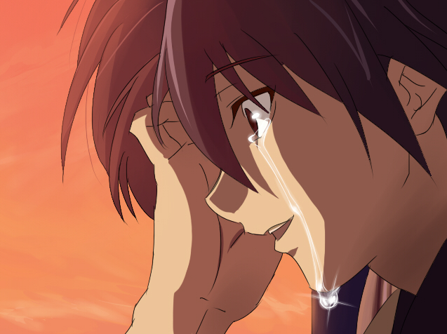 unkoku kishirewo, okazaki tomoya, clannad, bad id, bad pixiv id, 00s, 1boy, brown eyes, brown hair, close-up, gradient background, male focus, outdoors, short hair, sky, solo, sunset, tears