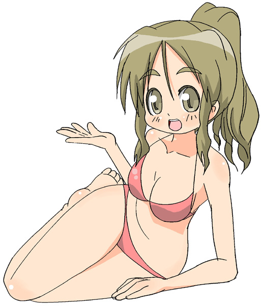 nemuro nao, barefoot, bikini, brown eyes, brown hair, long hair, lying, on side, pink bikini, ponytail, swimsuit