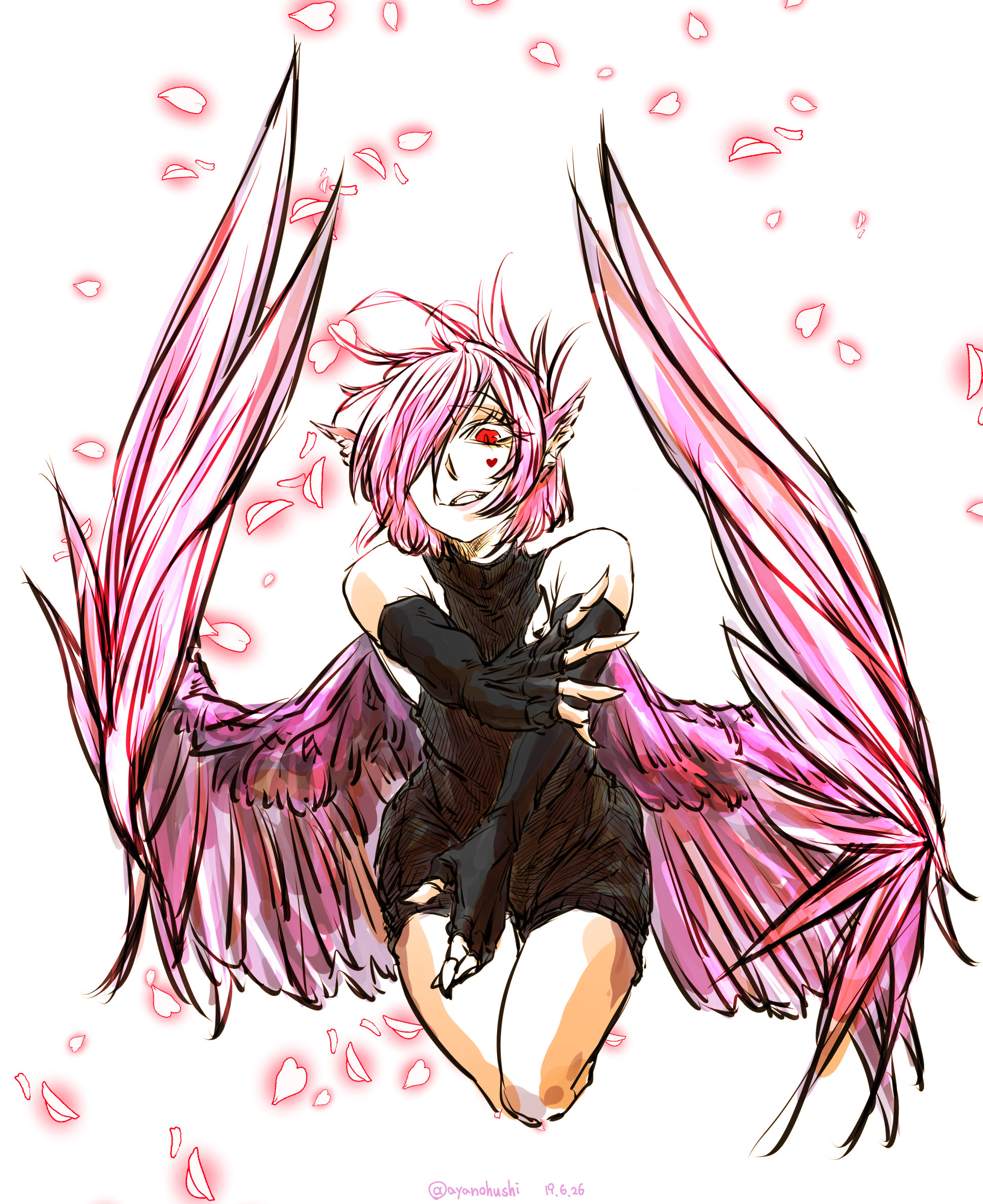 kyanduru, mystia lorelei, touhou, highres, 1girl, animal ears, bird ears, black dress, black gloves, detached sleeves, dress, facial mark, feathered wings, fingerless gloves, gloves, grey hair, hair over one eye, heart, heart facial mark, long sleeves, red eyes, short hair, simple background, sleeveless, sleeveless dress, solo, turtleneck, turtleneck dress, white background, wings