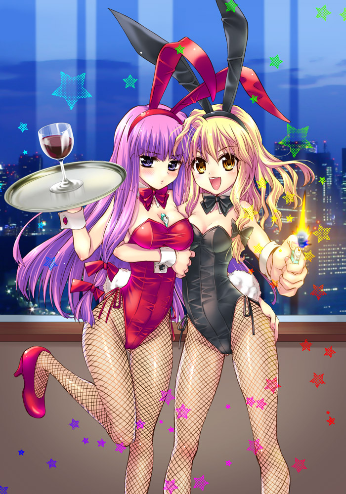 sato-pon, kirisame marisa, patchouli knowledge, touhou, breast hold, 2girls, :d, alcohol, animal ears, between breasts, blonde hair, blush, bow, bowtie, breasts, brown eyes, chalice, cityscape, cleavage, cup, detached collar, female focus, fishnet pantyhose, fishnets, frown, hand on own ass, high heels, hug, lighter, long hair, medium breasts, multiple girls, open mouth, pantyhose, playboy bunny, purple eyes, purple hair, rabbit ears, shoes, smile, standing, standing on one leg, star (symbol), thigh gap, tray, wine, wrist cuffs, yellow eyes