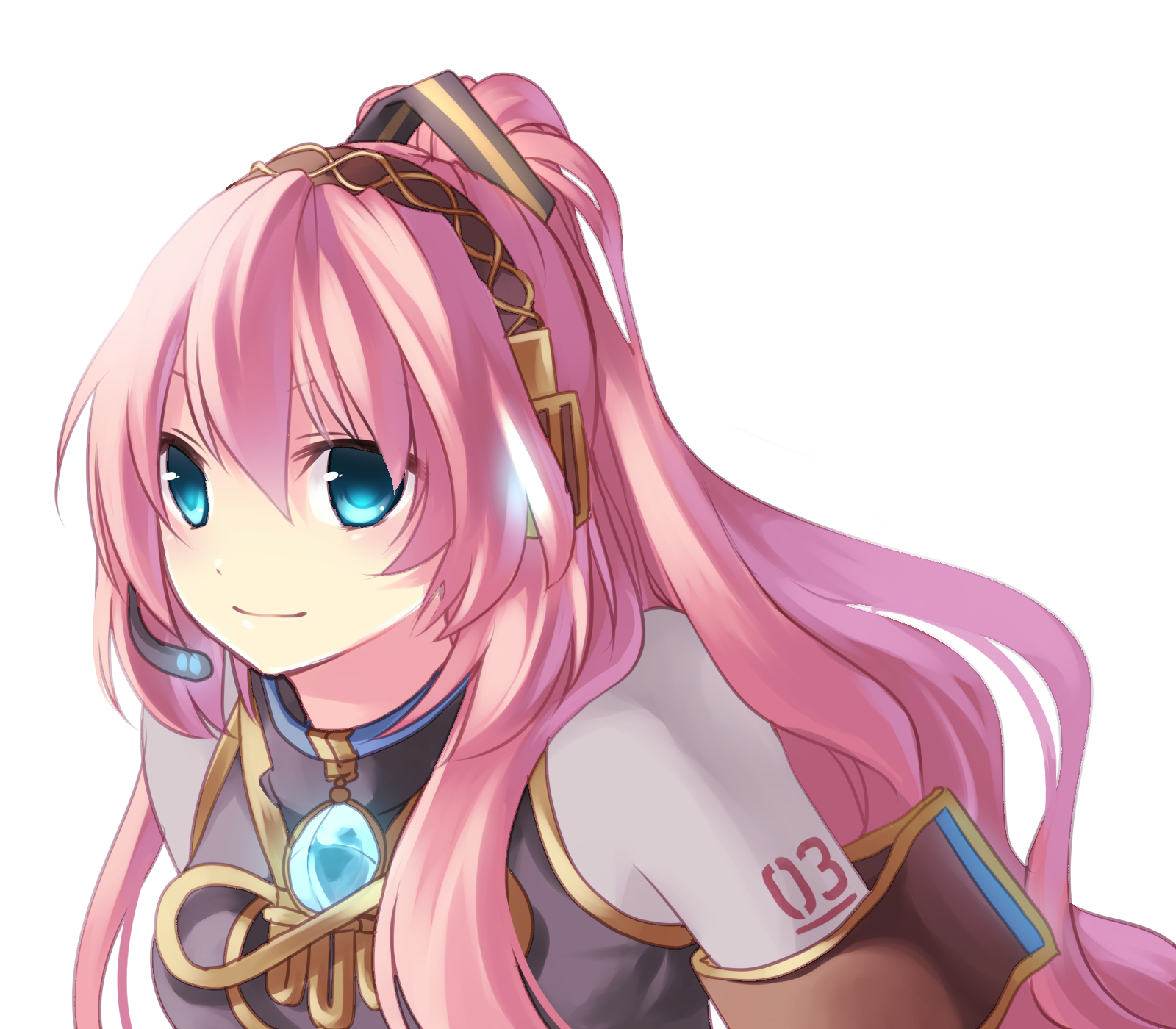 hijiri (resetter), hiz (pixiv), megurine luka, vocaloid, bad id, bad pixiv id, highres, 1girl, blue eyes, female focus, pink hair, ponytail, smile, solo
