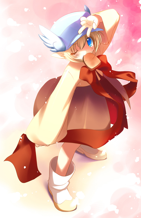 emily (pure dream), soul linker (ragnarok online), ragnarok online, bad id, textless version, 1girl, 2000s (style), blonde hair, blue eyes, blue hat, blush, boots, bread, bread slice, brown skirt, closed mouth, food, food in mouth, full body, hanbok, hat, korean clothes, long hair, long sleeves, looking at viewer, mouth hold, newsboy cap, one eye closed, pink background, pointy ears, shirt, short hair, skirt, smile, solo, toast, toast in mouth, white boots, winged hat, yellow shirt