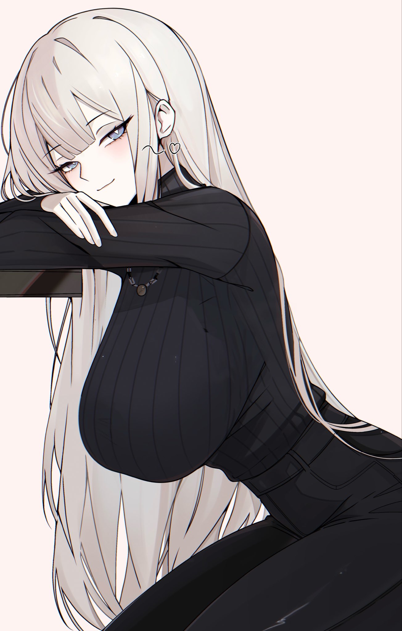 m ayonessa, angelica (project moon), library of ruina, project moon, highres, 1girl, black sweater, blue eyes, breasts, large breasts, long hair, simple background, smile, solo, sweater, turtleneck, turtleneck sweater, white background, white hair