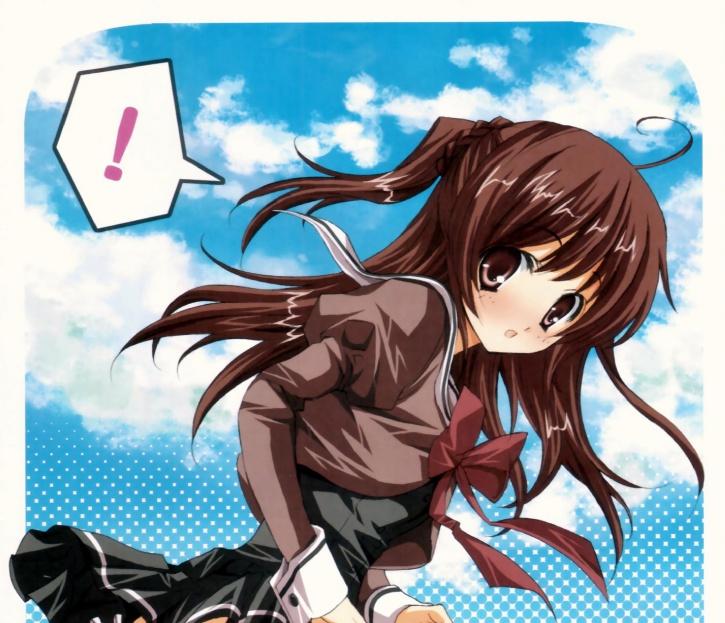 yukiwo, jpeg artifacts, non-web source, !, 1girl, ahoge, brown eyes, brown hair, cloud, day, female focus, long hair, ribbon, school uniform, sky, solo