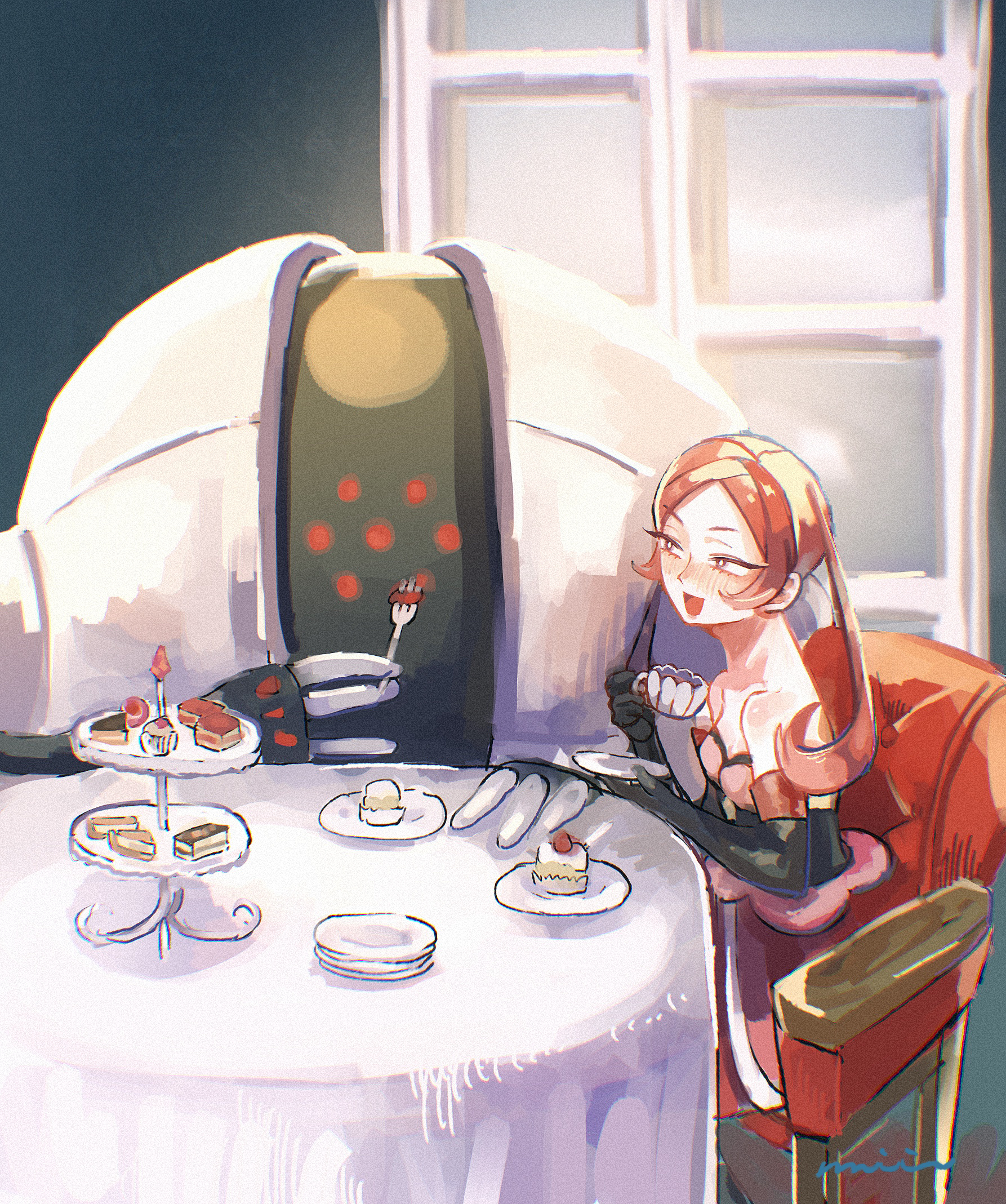 majikichi (miyama), dana (pokemon), registeel, nintendo, pokemon, pokemon xy, highres, 1girl, bare shoulders, black gloves, cake, cake slice, chair, food, fork, gen 3 pokemon, gloves, holding, holding fork, legendary pokemon, looking at another, on chair, open mouth, pokemon (creature), red hair, signature, sitting, table, tiered tray