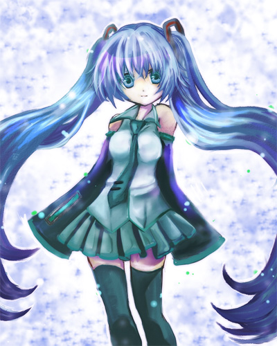 murasaki namida, hatsune miku, vocaloid, bad id, bad pixiv id, lowres, blue eyes, blue hair, detached sleeves, long hair, necktie, skirt, thighhighs, twintails, very long hair