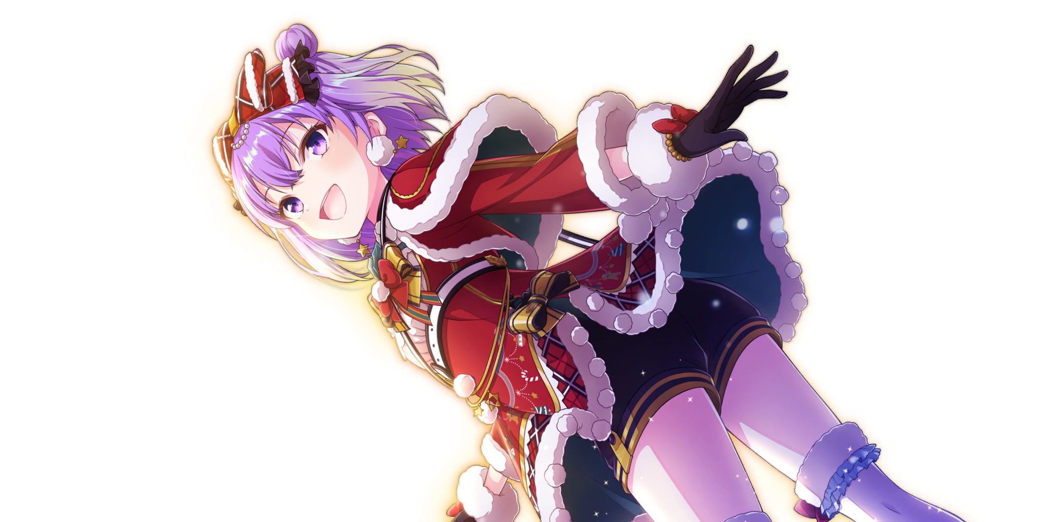 lapis re:lights, game cg, highres, official art, third-party source, 1girl, :d, ass, black gloves, black shorts, blonde hair, blush, bow, bowtie, bracelet, breasts, capelet, christmas, double bun, earrings, from behind, from below, fur-trimmed capelet, fur-trimmed gloves, fur-trimmed skirt, fur trim, gloves, gradient hair, hair bow, hair bun, jewelry, long sleeves, looking back, lucifer (lapis re:lights), multicolored hair, open mouth, plaid clothes, plaid skirt, purple eyes, purple hair, red bow, red bowtie, red capelet, red skirt, short hair, shorts, skirt, small breasts, smile, solo, sparkle, star (symbol), star earrings, teeth, thighhighs, twisted torso, upper teeth only, white thighhighs, wrist bow, yellow bow, yellow bowtie