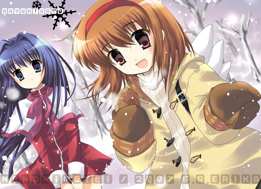 nasu hanahana, minase nayuki, tsukimiya ayu, kanon, bad id, bad pixiv id, 2girls, backpack, bag, blue eyes, blue hair, brown hair, hairband, long hair, mittens, multiple girls, randoseru, red eyes, red skirt, school uniform, short hair, skirt, snow, wings