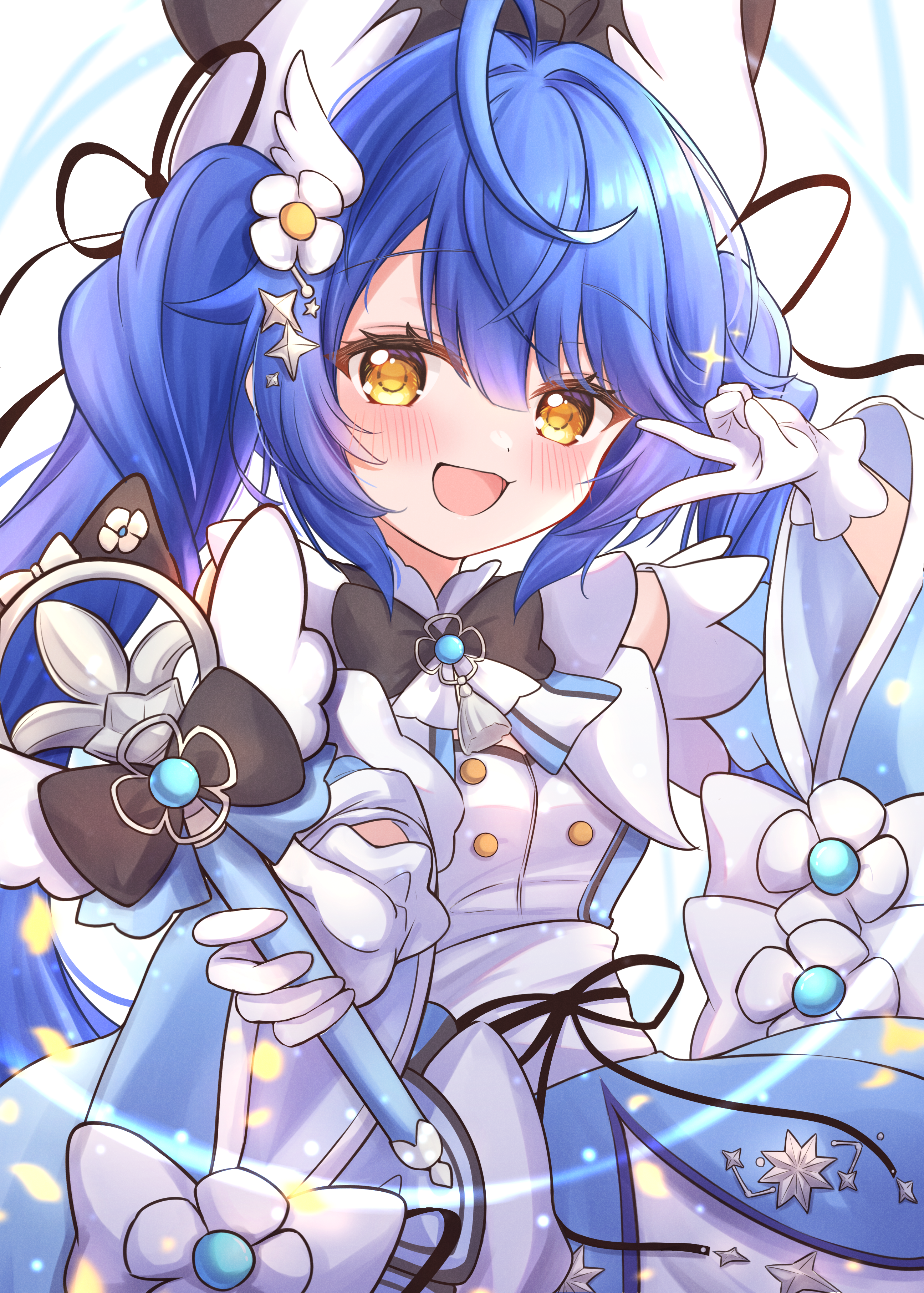 matcha november, amamiya kokoro, nijisanji, absurdres, commentary, highres, 1girl, ahoge, bare shoulders, black bow, black bowtie, black ribbon, blue hair, blunt bangs, blush, bow, bowtie, dress, flower hairpin, gloves, hair between eyes, hair ornament, hair ribbon, holding, holding wand, looking at viewer, magical girl, mini wings, open mouth, purple dress, ribbon, sash, sidelocks, solo, star (symbol), star hair ornament, tassel, twintails, v, virtual youtuber, wand, white gloves, white sash, wide sleeves, wing hair ornament, wing hairpin, wings, yellow eyes