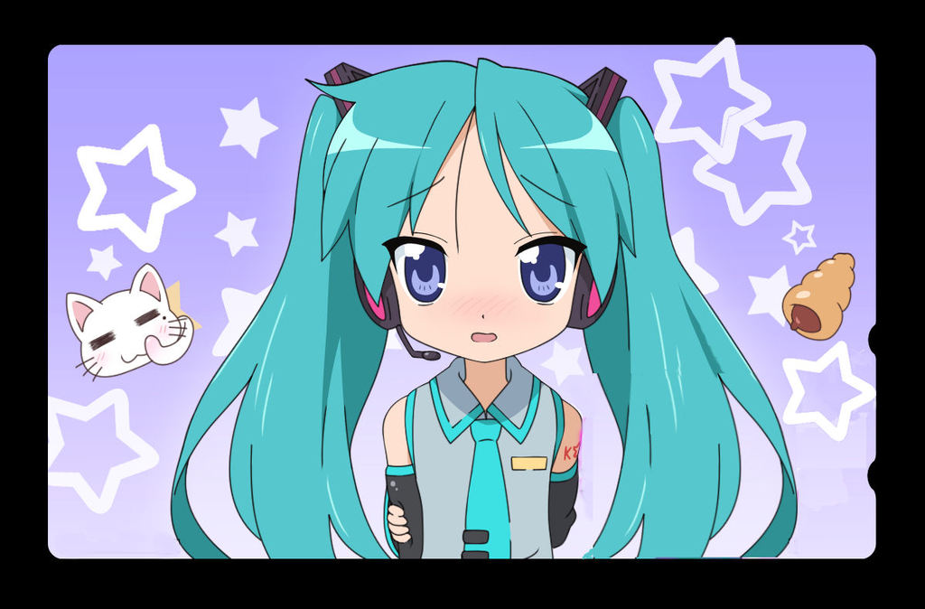 kaburagi kanra, hatsune miku, hiiragi kagami, nyamou, yoshimizu kagami (cat), lucky star, vocaloid, non-web source, 1girl, aqua hair, blue eyes, blush, cat, cathead, chocolate cornet, cosplay, detached sleeves, female focus, food, hatsune miku (cosplay), headphones, headset, long hair, microphone, necktie, solo, twintails