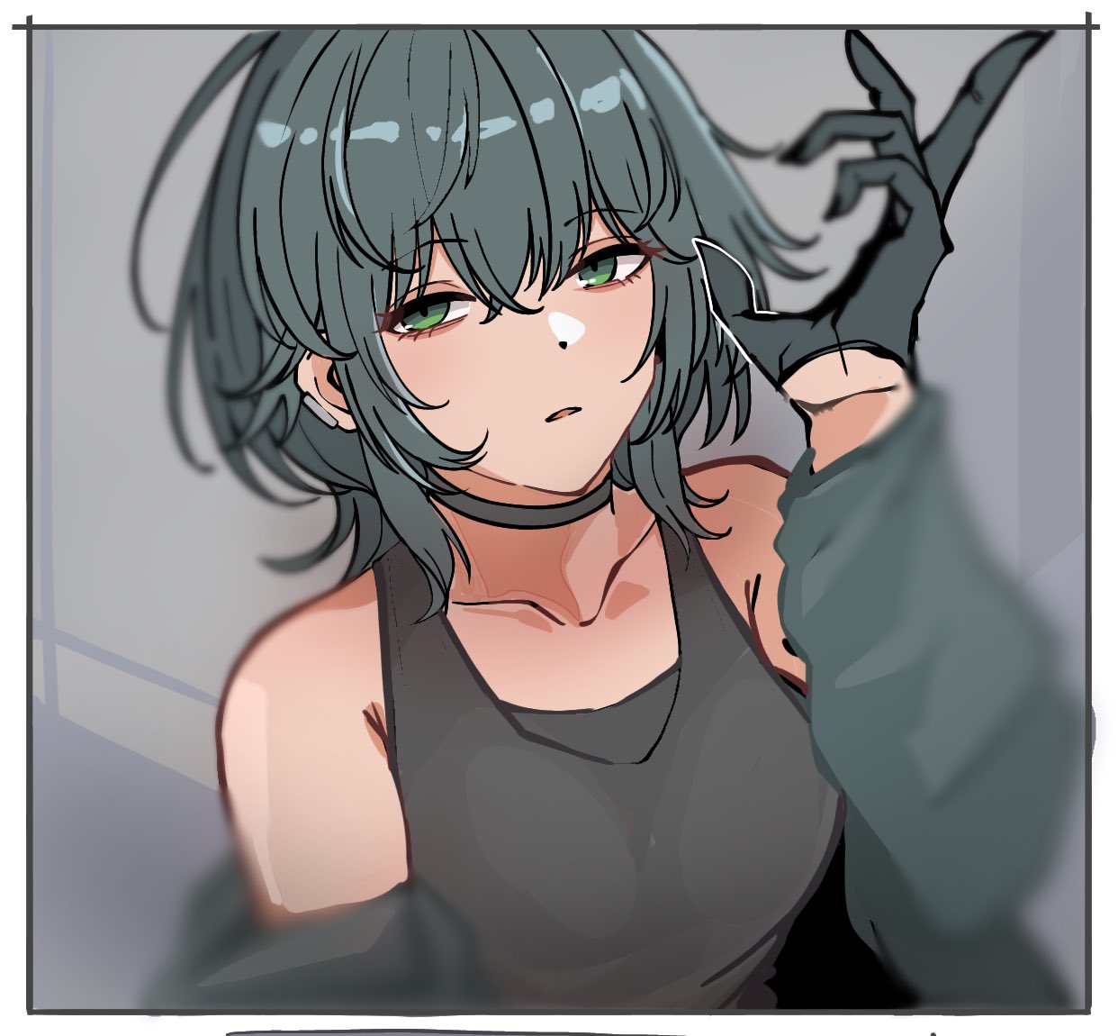 kawamochi (kawauti919), tsukimura temari, gakuen idolmaster, idolmaster, commentary request, 1girl, arm up, bare shoulders, black choker, black gloves, black tank top, blurry, blurry foreground, choker, collarbone, depth of field, gloves, green eyes, green hair, grey jacket, hair between eyes, half gloves, jacket, looking at viewer, off shoulder, parted lips, solo, tank top, upper body