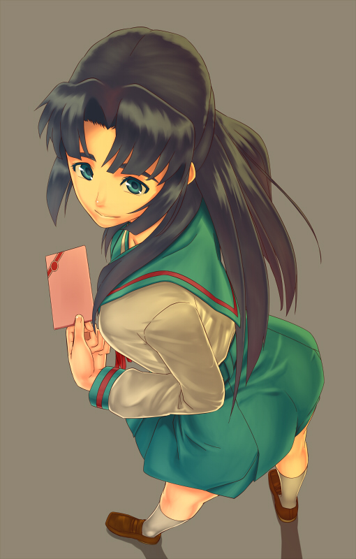 gonoike biwa, asakura ryoko, suzumiya haruhi no yuuutsu, bad id, bad pixiv id, 00s, blue eyes, blue hair, chocolate, long hair, school uniform, serafuku, solo