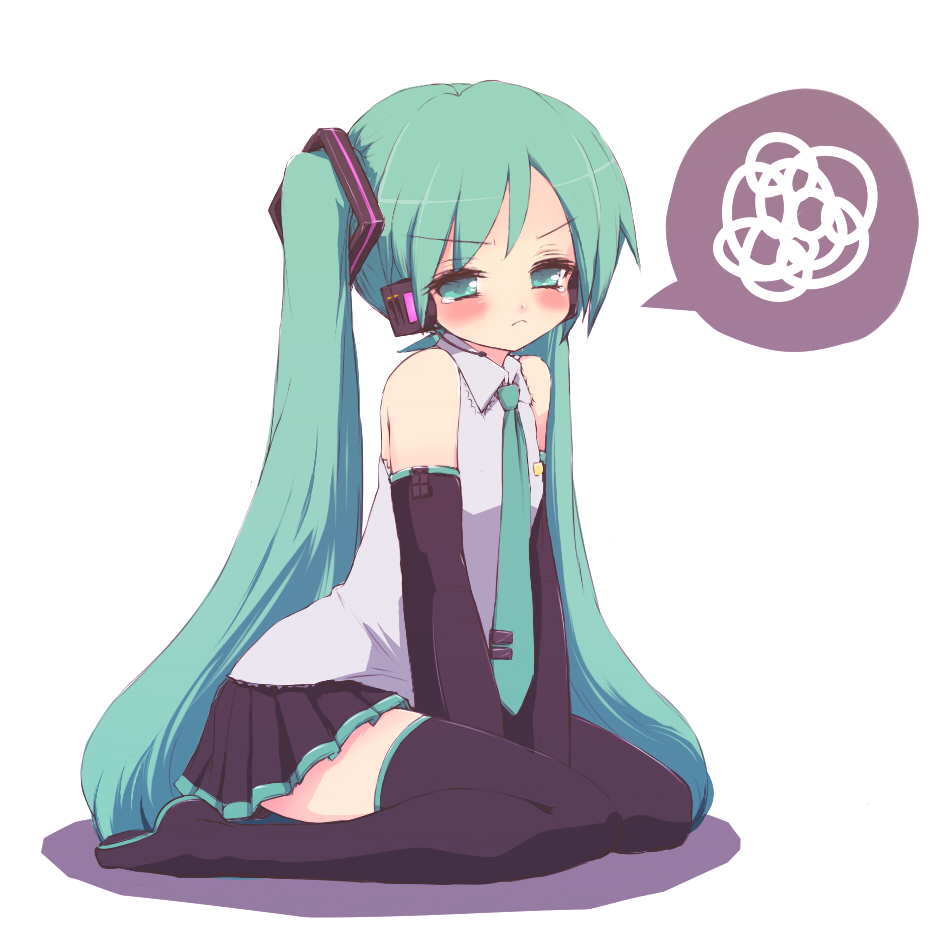 takunama, hatsune miku, vocaloid, 1girl, aqua eyes, aqua hair, black thighhighs, blush, detached sleeves, female focus, flat chest, frown, full body, green eyes, green hair, headset, long hair, matching hair/eyes, miniskirt, necktie, pleated skirt, seiza, simple background, sitting, skirt, solo, tears, thighhighs, twintails, very long hair, zettai ryouiki