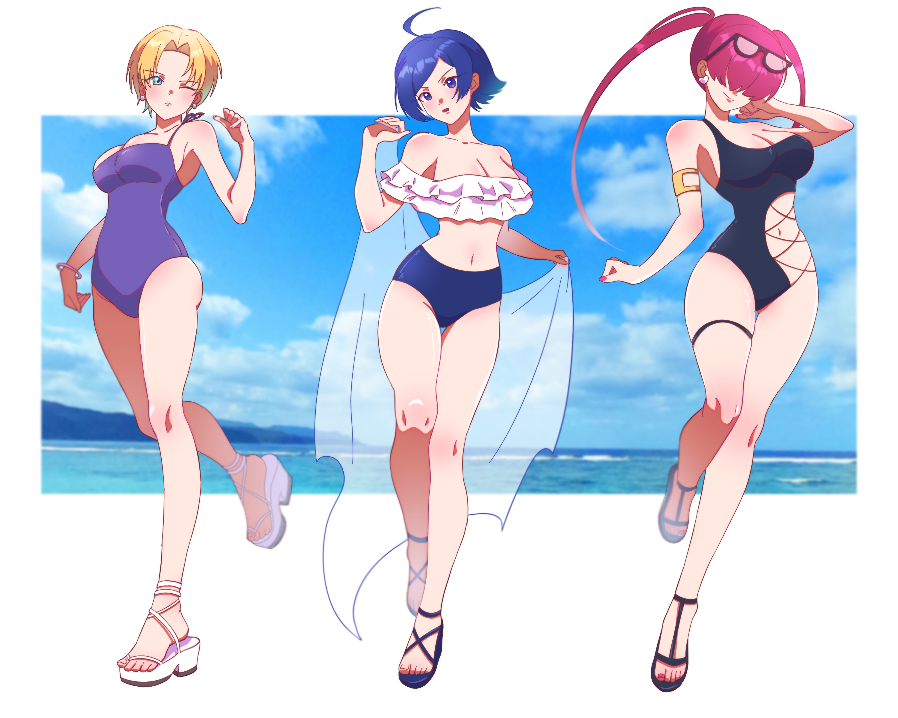 elisabeth blanctorche, king (snk), shermie (kof), the king of fighters, absurdres, highres, 3girls, beach, bikini, blonde hair, blue eyes, blue hair, breasts, curvy, earrings, female focus, glasses, glasses on head, hc 7624, heart, huge breasts, jewelry, large breasts, long hair, looking at viewer, medium hair, multiple girls, one-piece swimsuit, one eye closed, outdoors, pale skin, panties, ponytail, red hair, sandals, see-through clothes, shoes, short hair, swimsuit, thick thighs, thighs, tight clothes, twintails, underwear, water, wide hips