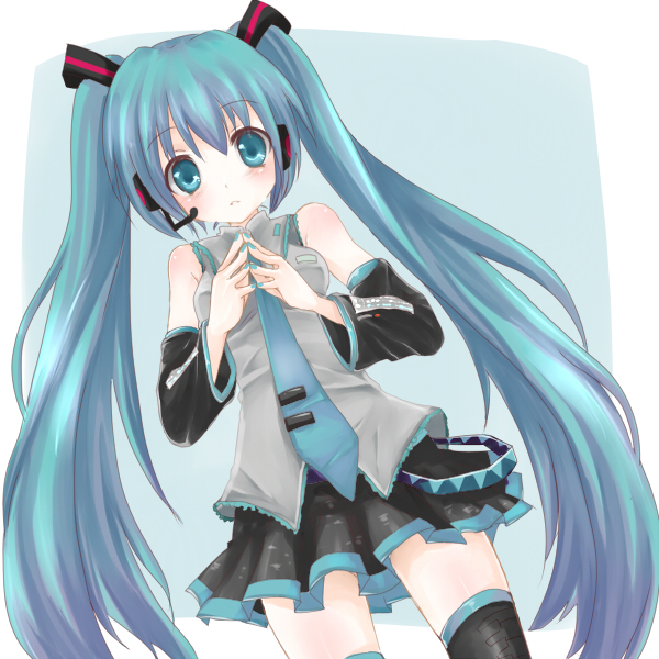 rai (rai-s), hatsune miku, vocaloid, 1girl, aqua eyes, aqua hair, blush, detached sleeves, female focus, headset, long hair, necktie, skirt, solo, thighhighs, twintails, very long hair