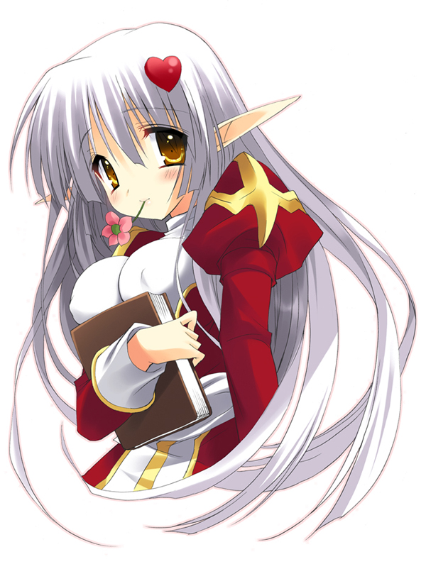 emily (pure dream), high priest (ragnarok online), ragnarok online, bad id, 1girl, 2000s (style), blush, book, breasts, closed mouth, covered erect nipples, dress, flower, flower in mouth, hair ornament, heart, heart hair ornament, holding, holding book, juliet sleeves, large breasts, long hair, long sleeves, looking at viewer, mouth hold, pink flower, pointy ears, puffy sleeves, red dress, sash, simple background, smile, solo, two-tone dress, upper body, very long hair, white background, white dress, white hair, white sash, yellow eyes