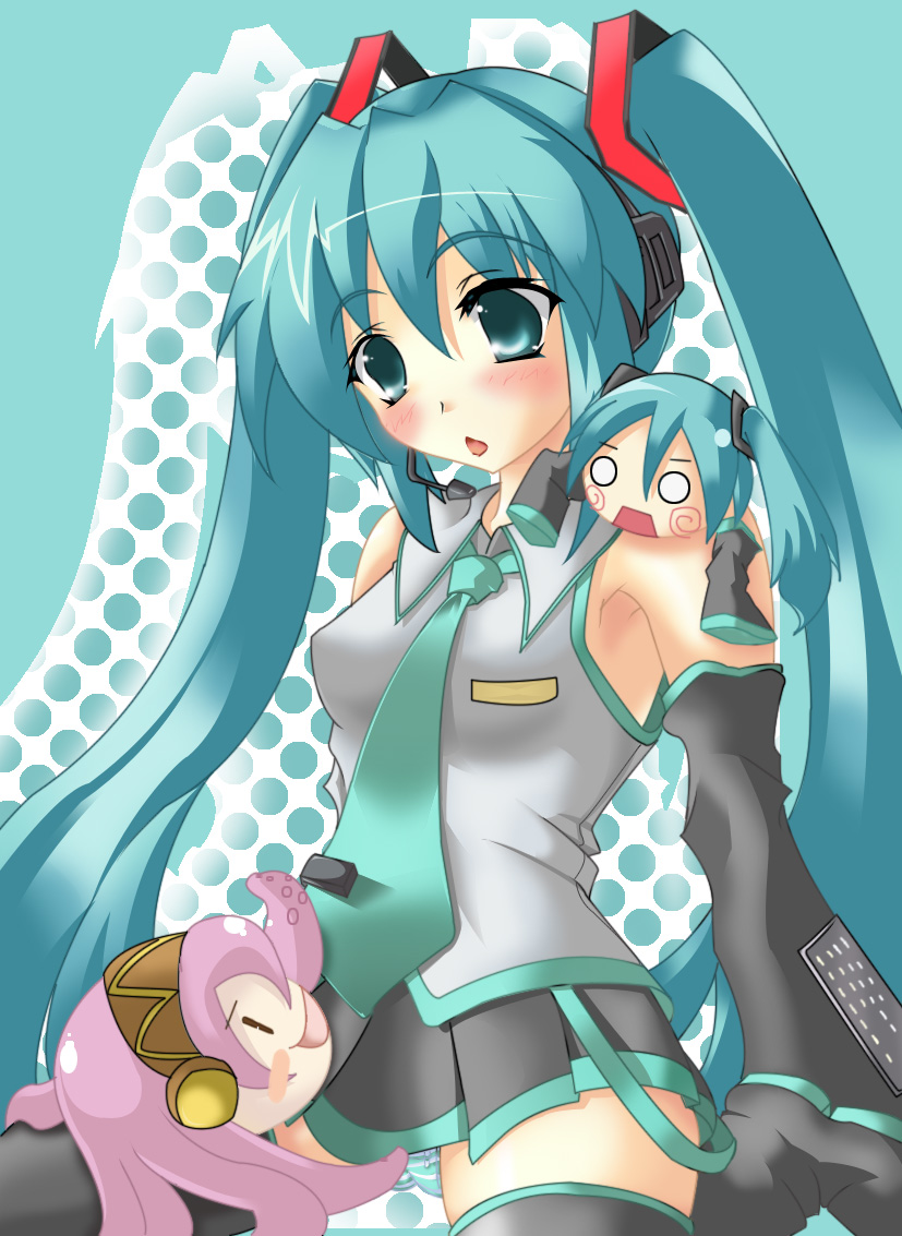 kerox2, hachune miku, hatsune miku, megurine luka, takoluka, vocaloid, aqua eyes, aqua hair, blush, detached sleeves, headset, long hair, necktie, panties, skirt, striped clothes, striped panties, thighhighs, twintails, underwear, very long hair