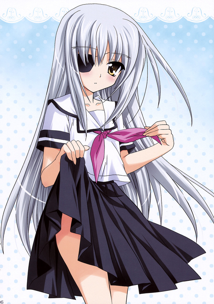 cinque (nanoha), numbers (nanoha), lyrical nanoha, mahou shoujo lyrical nanoha, mahou shoujo lyrical nanoha strikers, 00s, 1girl, blush, clothes lift, eyepatch, female focus, grey hair, long hair, school uniform, skirt, skirt lift, solo, yellow eyes