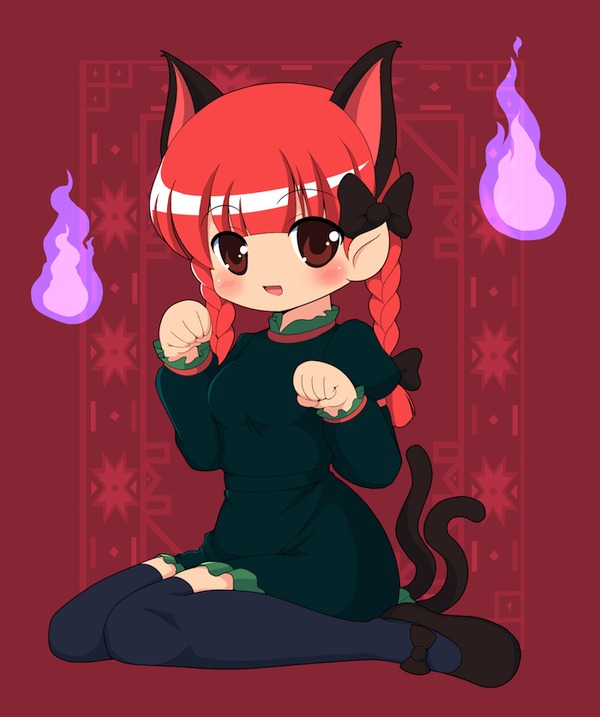kyokutou hentai samurai, kaenbyou rin, touhou, bad id, bad pixiv id, 1girl, animal ears, braid, cat ears, cat girl, cat tail, chibi, female focus, full body, hair ribbon, paw pose, pointy ears, red eyes, red hair, ribbon, solo, tail, thighhighs, twin braids