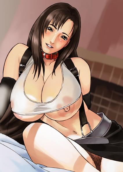 tifa lockhart, final fantasy, final fantasy vii, square enix, artist request, 1990s (style), 1girl, bare shoulders, blush, breasts, brown eyes, brown hair, cleavage, collar, elbow gloves, female focus, female pubic hair, gloves, huge breasts, large areolae, long hair, midriff, miniskirt, no panties, pencil skirt, pubic hair, retro artstyle, see-through clothes, skirt, smile, solo, suspender skirt, suspenders, underboob