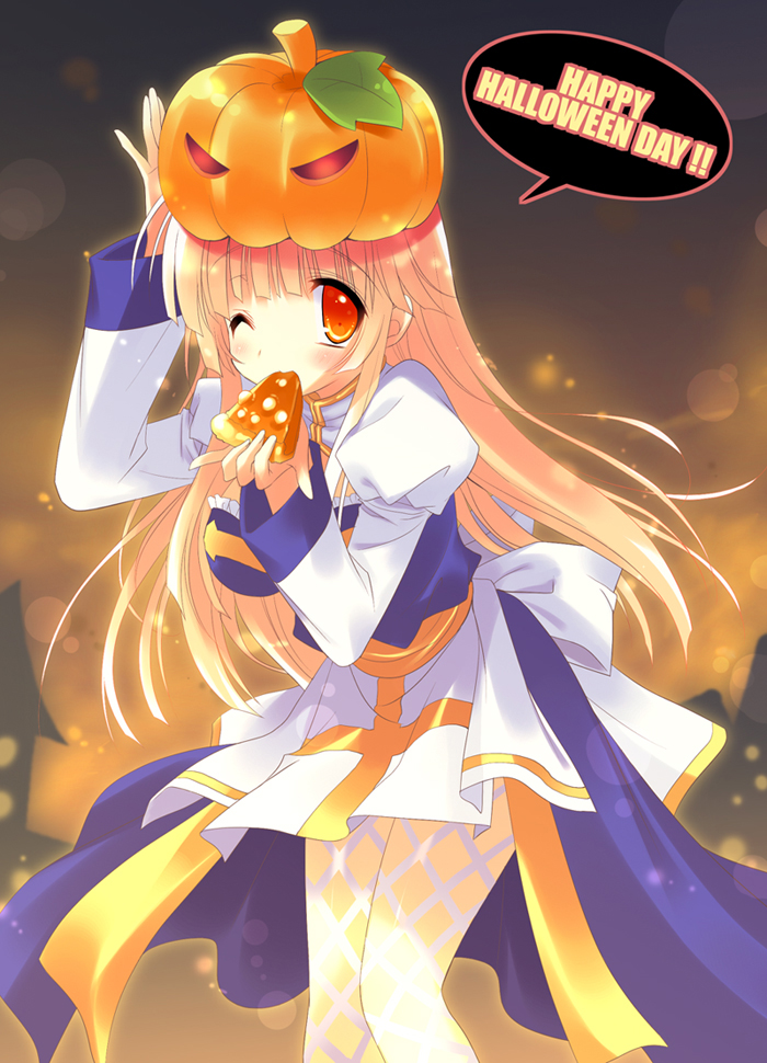 emily (pure dream), arch bishop (ragnarok online), ragnarok online, bad id, 1girl, 2000s (style), arm up, blonde hair, blue dress, blunt bangs, blush, breasts, dress, eating, feet out of frame, fishnet pantyhose, fishnets, food, halloween, happy halloween, holding, holding food, jack-o'-lantern hat, juliet sleeves, large breasts, long hair, long sleeves, looking at viewer, one eye closed, orange eyes, pantyhose, pie, pie slice, puffy sleeves, pumpkin, pumpkin hat, pumpkin pie, sash, solo, standing, two-tone dress, white dress, white pantyhose, yellow background, yellow sash