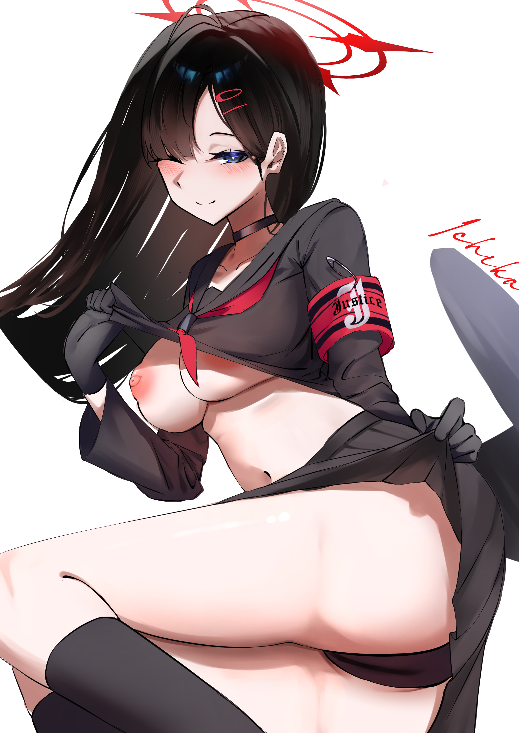 yuki (yuki yu owo), ichika (blue archive), blue archive, absurdres, commentary request, highres, 1girl, ;), black gloves, black hair, black panties, black serafuku, black skirt, black thighhighs, black wings, blue eyes, breasts, character name, clothes lift, gloves, halo, large breasts, lifting own clothes, long hair, looking at viewer, navel, nipples, one eye closed, panties, red halo, school uniform, serafuku, shirt lift, simple background, skirt, smile, solo, stomach, thighhighs, underwear, white background, wings