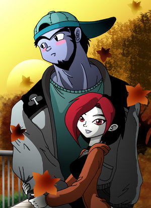 argent, argent (dc), cartoon network, dc comics, teen titans, lowres, 1boy, 1girl, autumn leaves, blush, blush stickers, couple, hat, hetero, leaf, outdoors, park, size difference, sunset, thunder (dc), tree, walking
