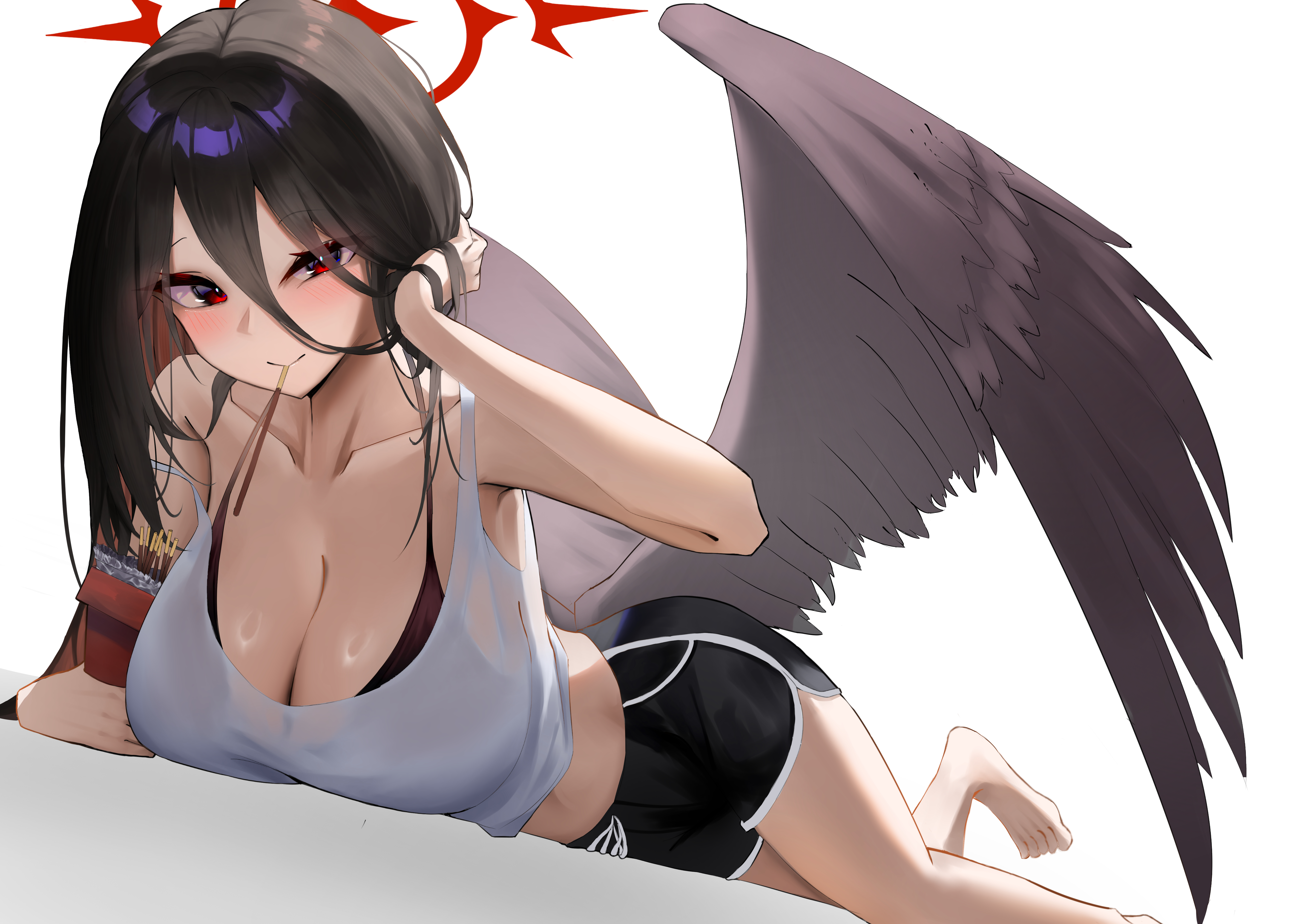 yuki (yuki yu owo), hasumi (blue archive), blue archive, absurdres, commentary request, highres, 1girl, barefoot, black bra, black shorts, black wings, bra, bra peek, breasts, camisole, cleavage, dolphin shorts, feet, food, halo, large breasts, looking at viewer, lying, on stomach, pocky, pocky kiss, red eyes, red halo, shared food, shorts, simple background, solo, toes, underwear, white background, white camisole, wings