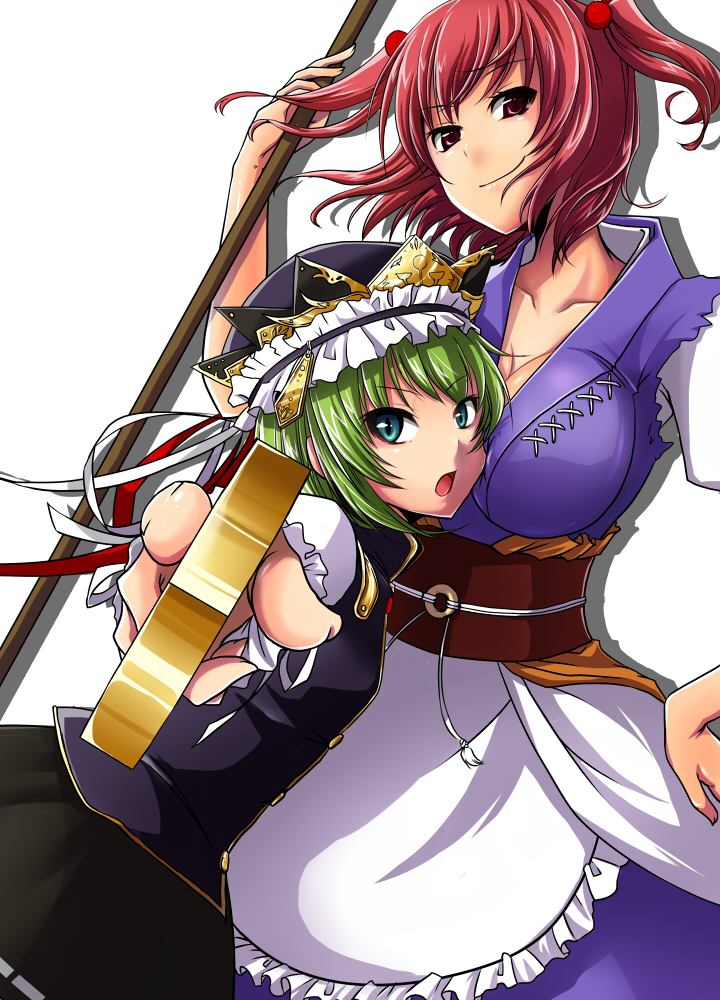 pochi (pochi-goya), onozuka komachi, shiki eiki, touhou, bad id, bad pixiv id, 2girls, blue eyes, breasts, female focus, green hair, hand on own hip, large breasts, multiple girls, open mouth, red eyes, red hair, rod of remorse, short hair, smile