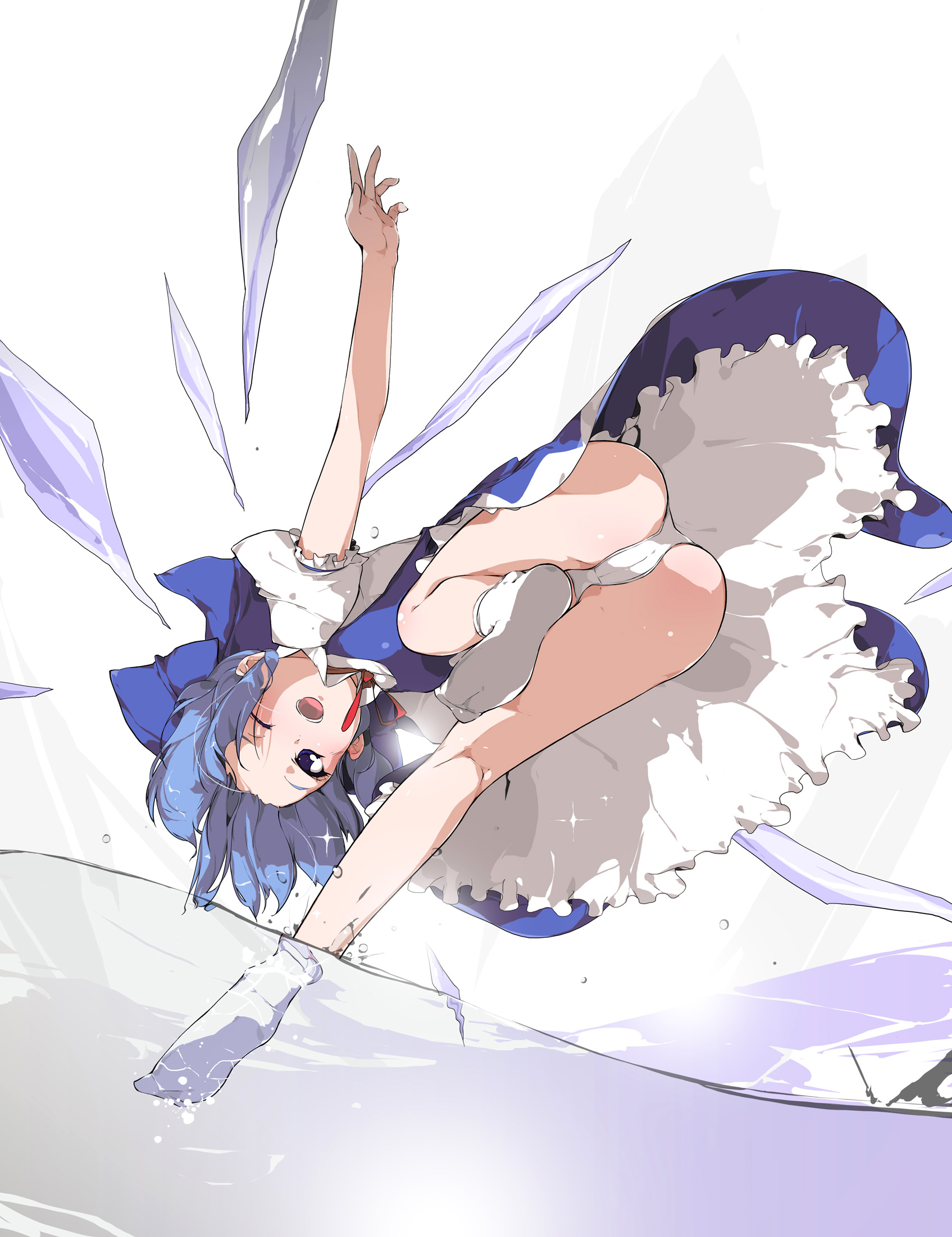 sakura sora, cirno, embodiment of scarlet devil, touhou, bad id, bad pixiv id, highres, 1girl, ass, blue eyes, blue hair, feet, female focus, hair ribbon, matching hair/eyes, one eye closed, panties, pantyshot, ribbon, socks, solo, underwear, water, wings, wink