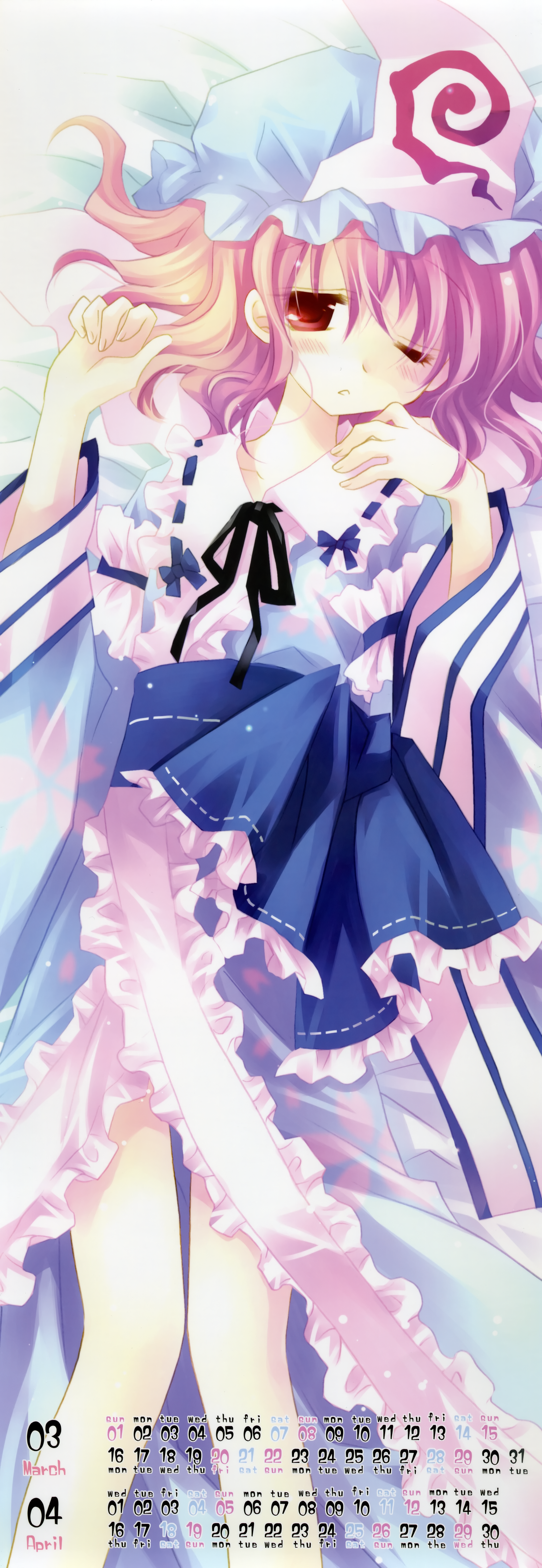 sakurazawa izumi, saigyouji yuyuko, touhou, absurdres, highres, huge filesize, long image, tall image, 1girl, blush, calendar, dress, female focus, hat, japanese clothes, kimono, pink eyes, pink hair, solo
