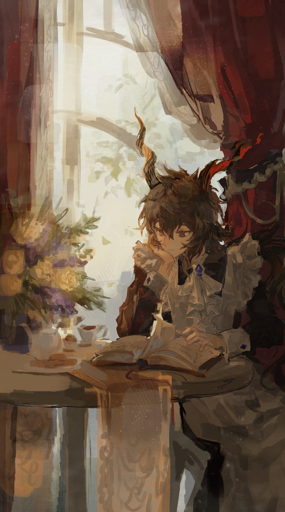 tomamo09, ebenholz (arknights), arknights, commentary, highres, 1boy, alternate costume, animal ears, apron, ascot, black dress, black hair, book, cookie, crossdressing, crossdressing (mtf), cup, curtains, dress, enmaided, flower, food, frilled apron, frills, goat boy, goat ears, goat horns, head rest, horns, indoors, long sleeves, looking down, maid, male focus, open book, plate, purple eyes, reading, rose, sitting, solo, tablecloth, teacup, teapot, vase, white apron, white ascot, window, yellow flower, yellow rose