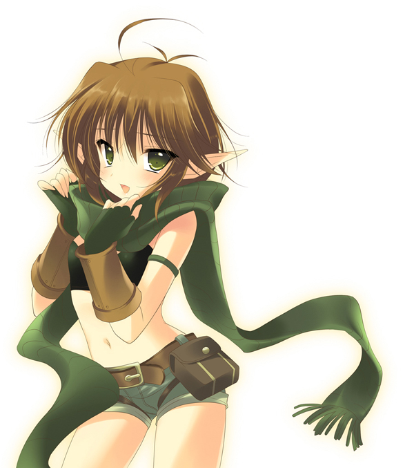 emily (pure dream), ranger (ragnarok online), ragnarok online, bad id, 1girl, 2000s (style), adjusting scarf, ahoge, antenna hair, belt, belt pouch, blush, breasts, brown belt, brown hair, contrapposto, cowboy shot, fingerless gloves, gloves, green eyes, green gloves, green scarf, green shorts, green tube top, looking at viewer, midriff, navel, open mouth, pointy ears, pouch, scarf, short hair, shorts, simple background, small breasts, smile, solo, strapless, tube top, white background
