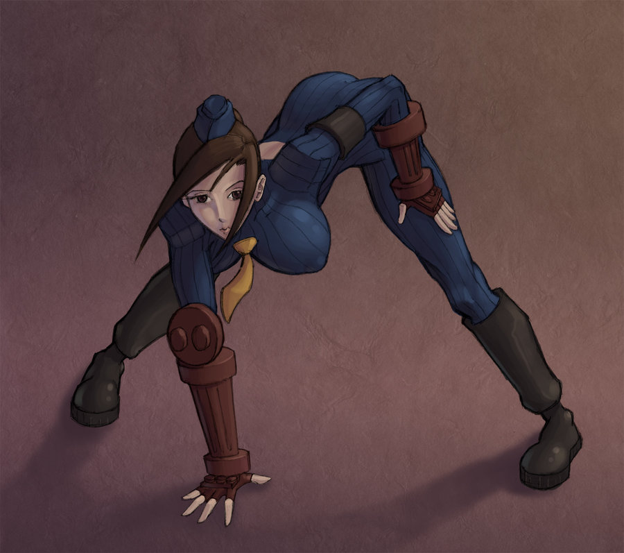 juli (street fighter), capcom, street fighter, 1girl, arm support, bent over, boots, breasts, female focus, garrison cap, hat, huge breasts, solo