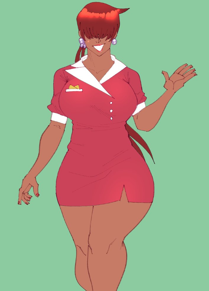 1shermieaday, shermie (kof), the king of fighters, 1girl, breasts, curvy, dark-skinned female, dark skin, dress, earrings, female focus, formal clothes, hand up, huge breasts, jewelry, large breasts, long hair, marellartt, ponytail, red hair, skirt, smile, standing, tan, thick thighs, thighs, twintails, wide hips