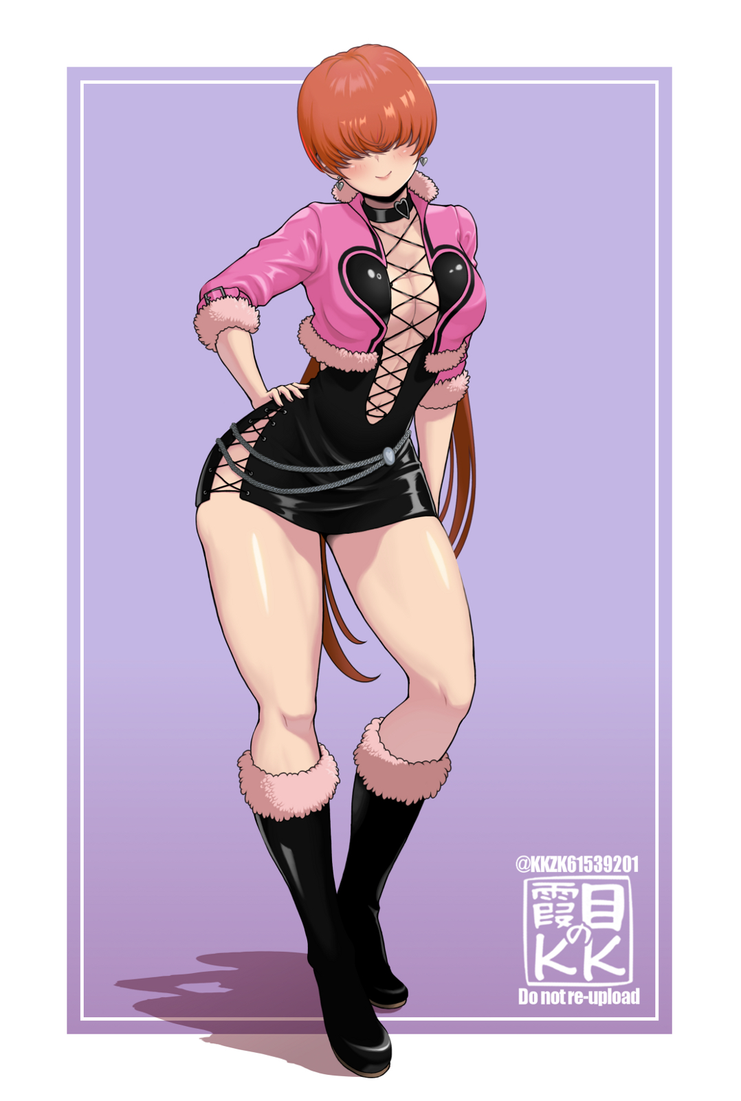 kkzk61539201, shermie (kof), snk, the king of fighters, highres, 1girl, black dress, boots, breasts, cleavage cutout, clothing cutout, curvy, dress, earrings, female focus, fishnets, fluffy, hand on own hip, heart, huge breasts, jacket, jewelry, large breasts, long hair, no bra, pale skin, ponytail, red hair, skirt, smile, standing, thick thighs, thighs, twintails, wide hips