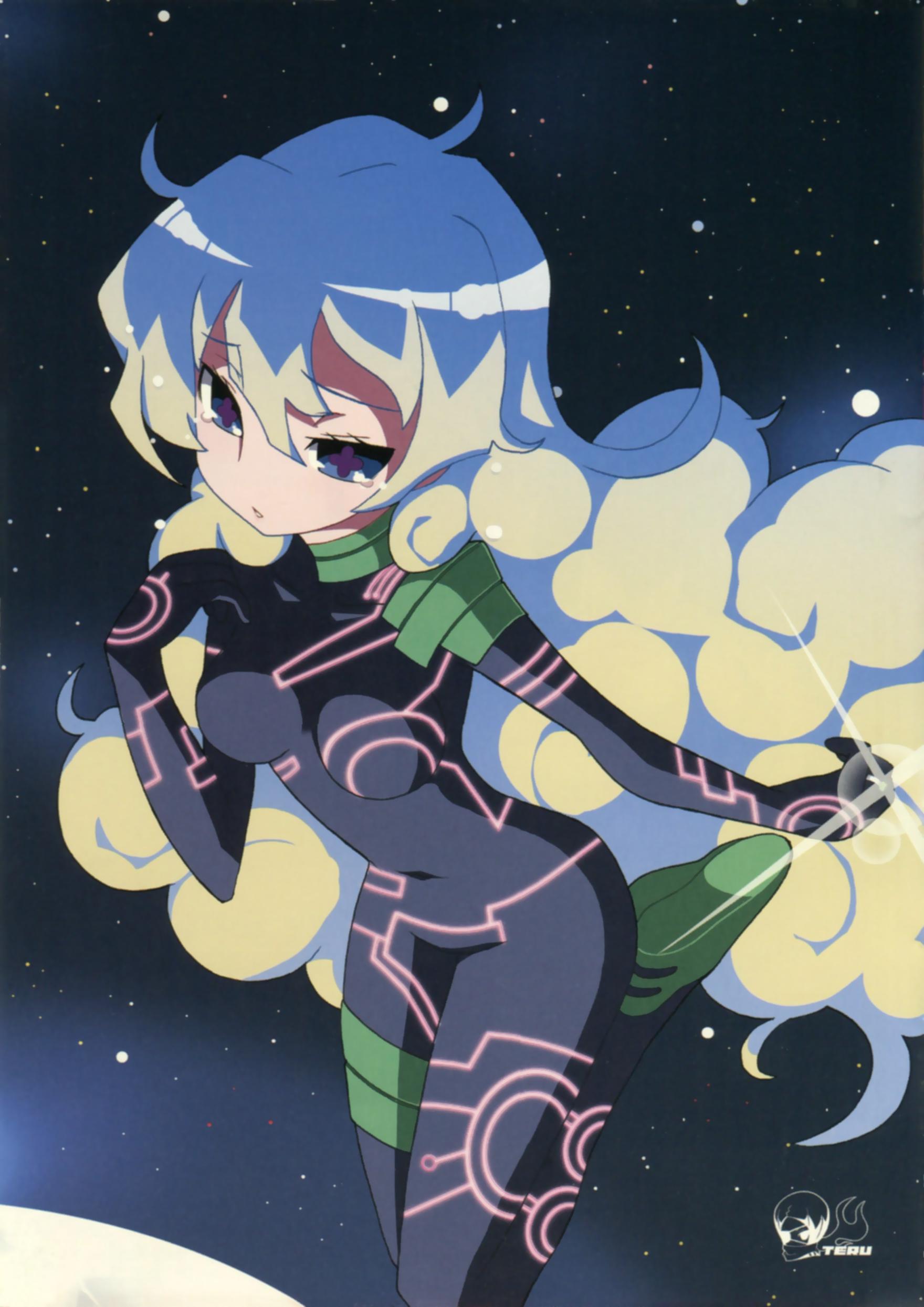 imaizumi teruhiko, antispiral nia, nia teppelin, tengen toppa gurren lagann, absurdres, highres, + +, 00s, 1girl, blonde hair, blue eyes, blue hair, bodysuit, breasts, cross-shaped pupils, dark persona, female focus, groin, long hair, multicolored hair, navel, neon trim, skin tight, solo, space, star (symbol), symbol-shaped pupils, two-tone hair, very long hair