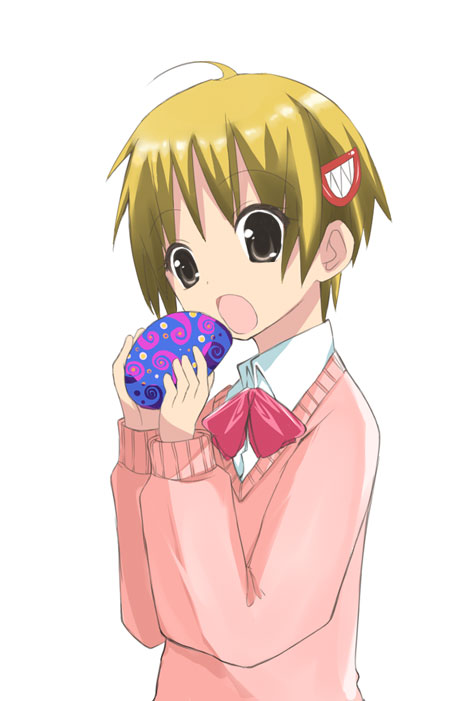 katsuragi yako, majin tantei nougami neuro, 00s, blonde hair, brown eyes, open mouth, short hair, simple background, solo, sweater, white background