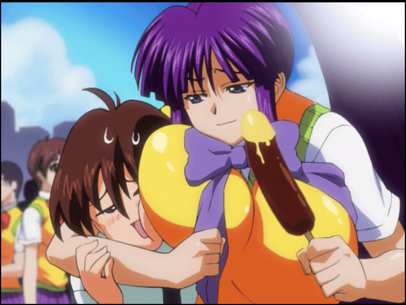 mifune densuke, misono kirika, eiken, animated, animated gif, anime screenshot, banana, bow, breasts, brown hair, chocolate-covered food, chocolate banana, face to breasts, femdom, food, fruit, high ponytail, huge breasts, long hair, ponytail, purple bow, purple hair, school uniform, short hair, zashono academy school uniform