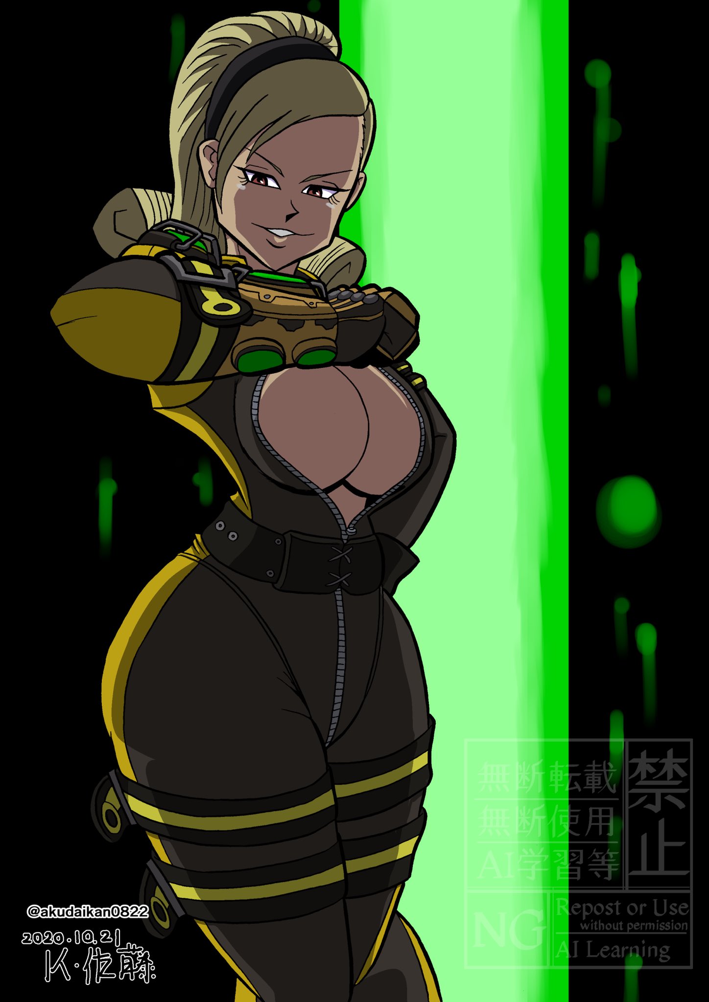 lien neville, kof: maximum impact, snk, the king of fighters, highres, 1girl, akudaikan0822, blonde hair, bodysuit, breasts, brown eyes, cleavage, curly hair, curvy, female focus, gloves, hairband, huge breasts, large breasts, latex, leather, long hair, smile, smiley face, standing, thick thighs, thighs, wide hips