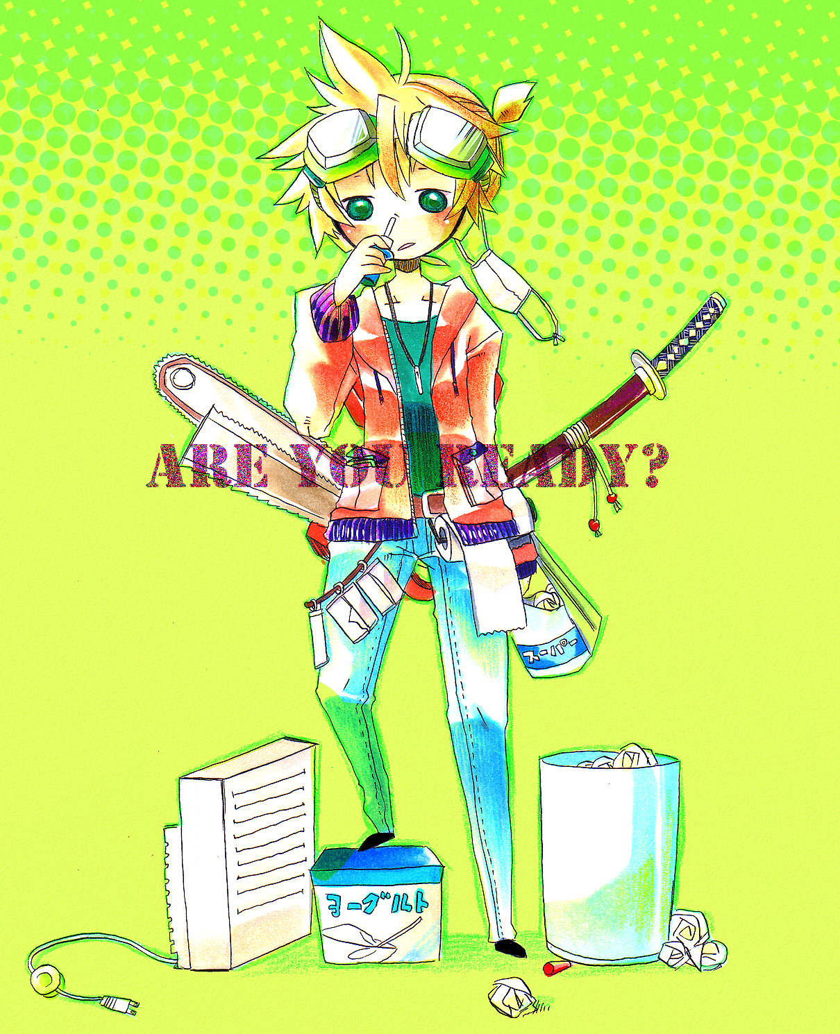 akisame kou, kagamine len, vocaloid, bad id, bad pixiv id, highres, 1boy, blonde hair, blue eyes, chainsaw, chibi, flu mask, full body, goggles, male focus, mask, mouth mask, short hair, solo, surgical mask, sword, weapon