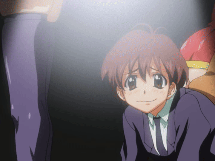 mifune densuke, misono kirika, eiken, animated, animated gif, anime screenshot, ass, brown hair, femdom, hand on own hip, miniskirt, no panties, purple skirt, school uniform, short hair, sitting, sitting on face, sitting on person, skirt, thighhighs